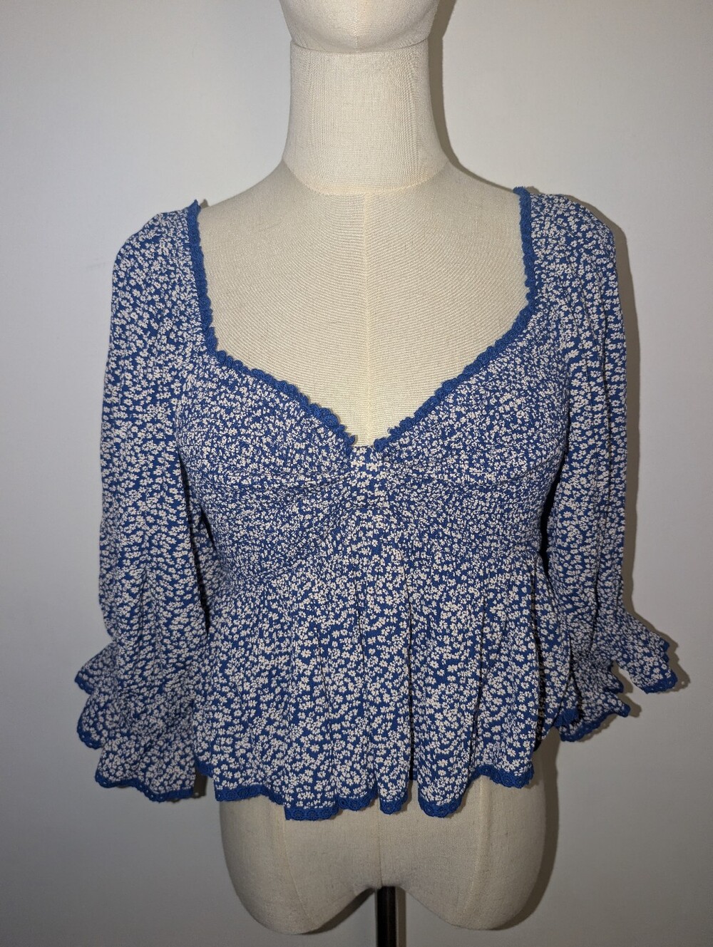 Free People Blue Floral Britnee Smocked Peplum Blouse